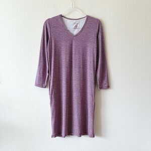 L.L.Bean V Neck Stretch Organic Cotton Jersey Dress Purple Striped Long Sleeve